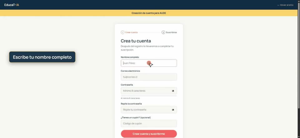 Formulario para crear tu cuenta en AUDE